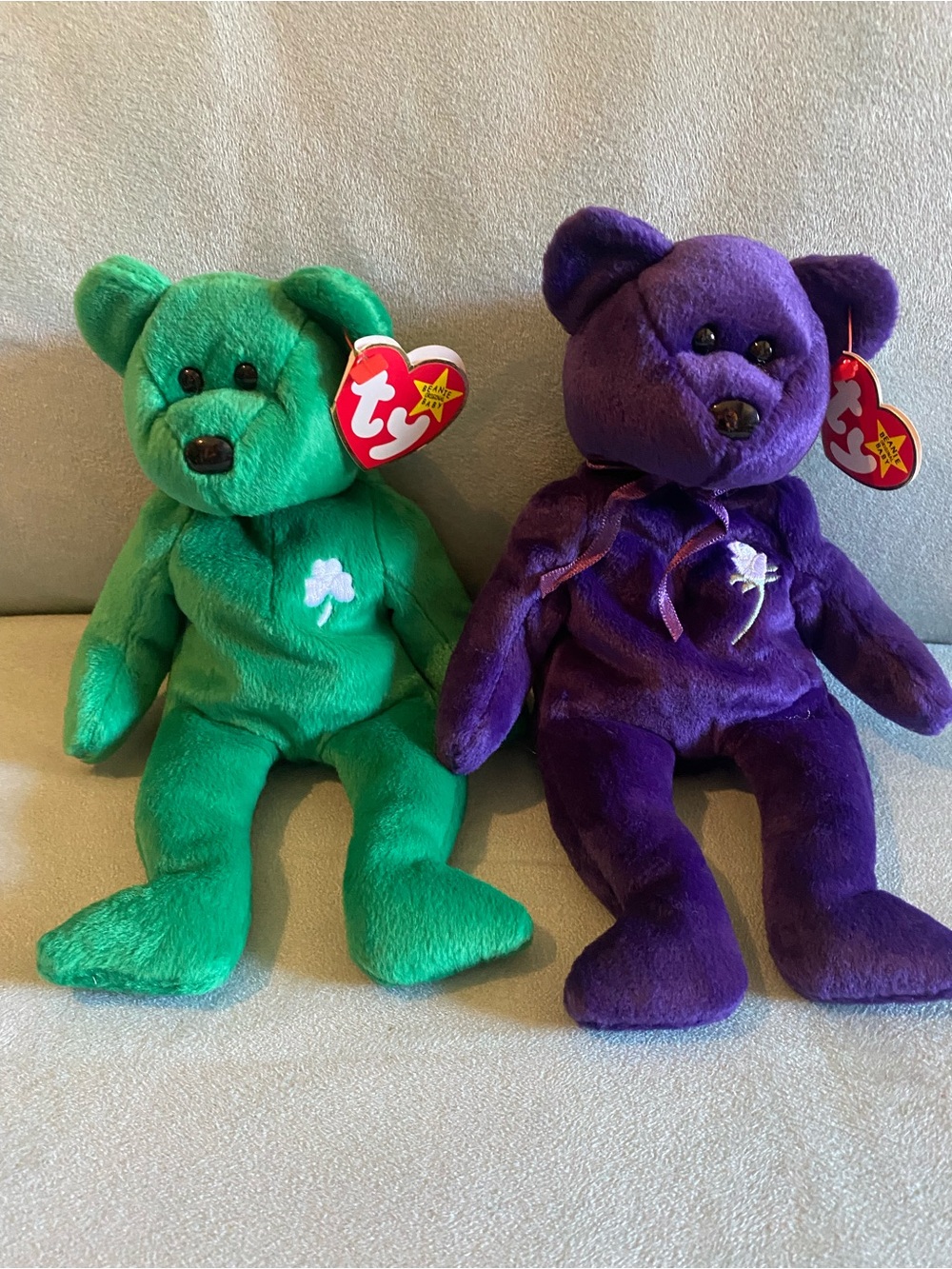 Vintage Ty Beanie Babies Plush Bear - “Erin” Green and “Princess” Purple